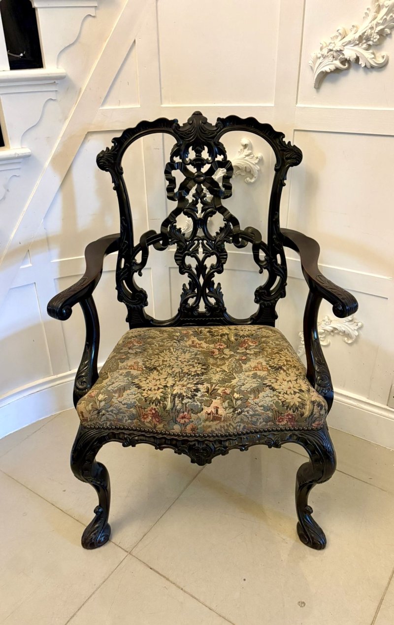 Antique Exceptional Victorian Carved Mahogany Chippendale Style Ribbon Back Desk Chair